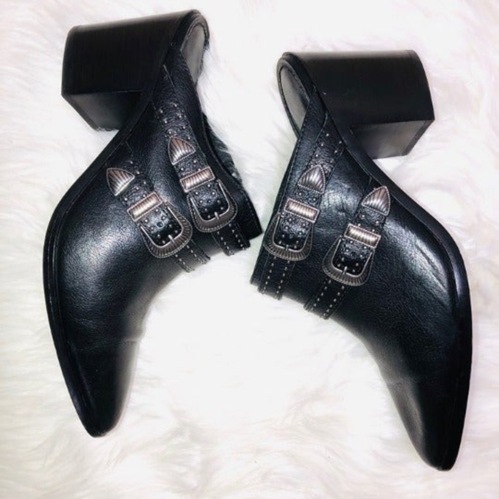 Frye Black Buckle Mules 11
